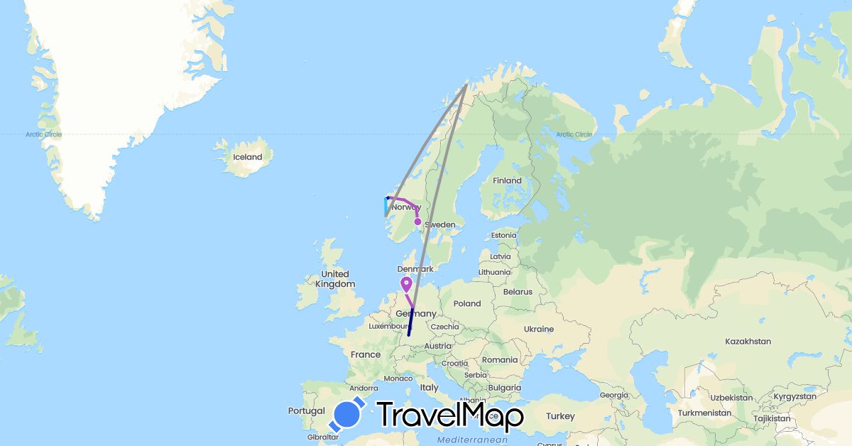 TravelMap itinerary: driving, plane, train, boat in Germany, Norway (Europe)